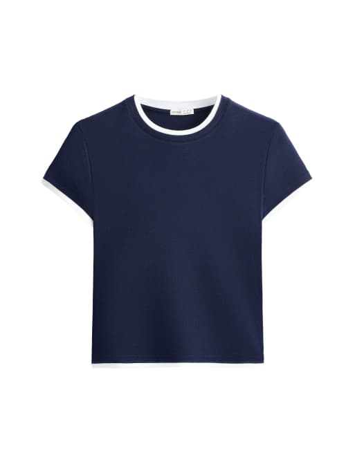 OYSHO - T-shirt a maniche corte in misto cotone blu navy a coste doppie, 5 di 5