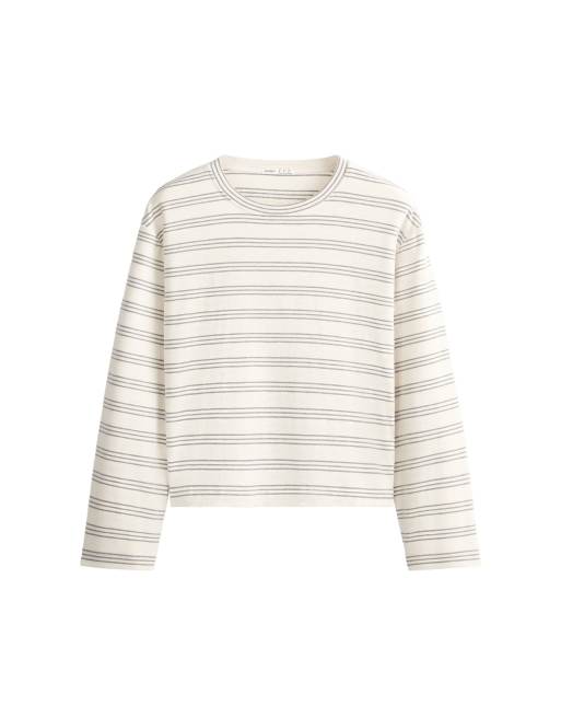 OYSHO T-shirt a maniche lunghe comoda a righe rustiche in écru chiaro, 6 di 6