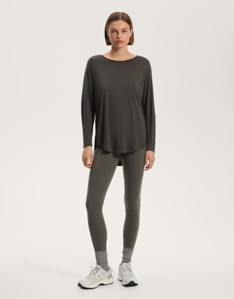 OYSHO - T-shirt a maniche lunghe grigio antracite in misto modal con pieghe sul retro - view 1