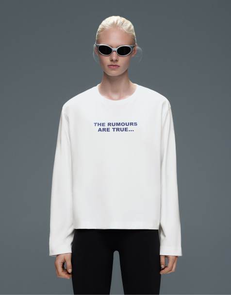 OYSHO T-shirt a maniche lunghe in cotone 100% con testo bianco sporco - view 1