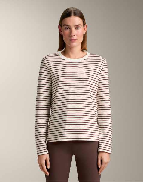 OYSHO - T-shirt a maniche lunghe in misto cotone marrone a righe - view 1