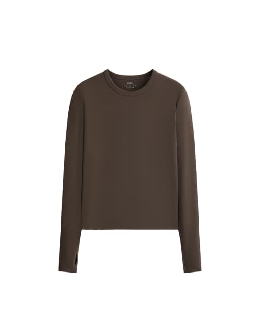 OYSHO T-shirt a maniche lunghe in misto cotone marrone, 5 di 5