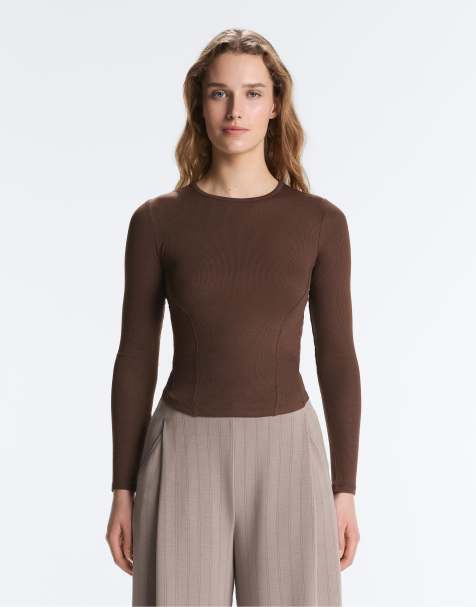 OYSHO - T-shirt a maniche lunghe marrone scuro a coste in cotone e modal - view 1