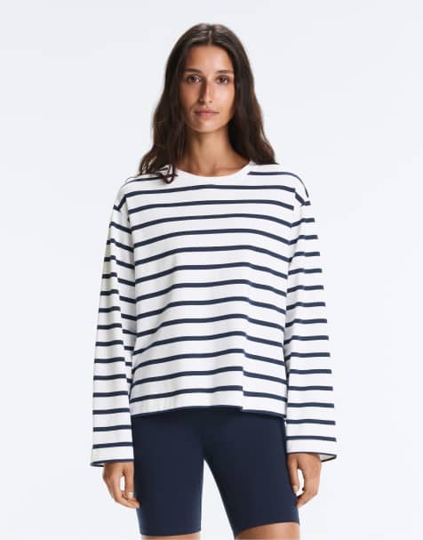 OYSHO - T-shirt a maniche lunghe oversize squadrata in misto cotone blu navy a righe - view 1
