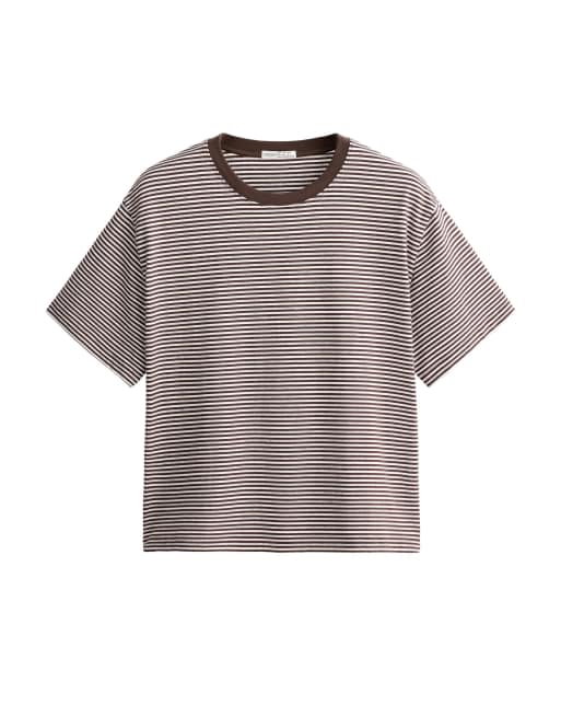 OYSHO T-shirt a righe in misto cotone regular fit a maniche corte marrone, 5 di 5
