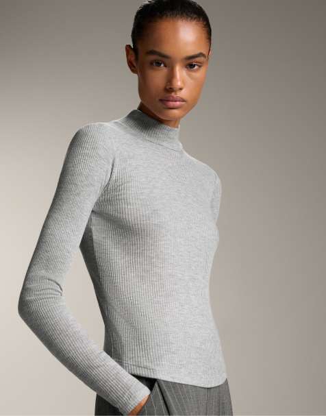 OYSHO - T-shirt accollata nera a coste in misto lyocell - view 1