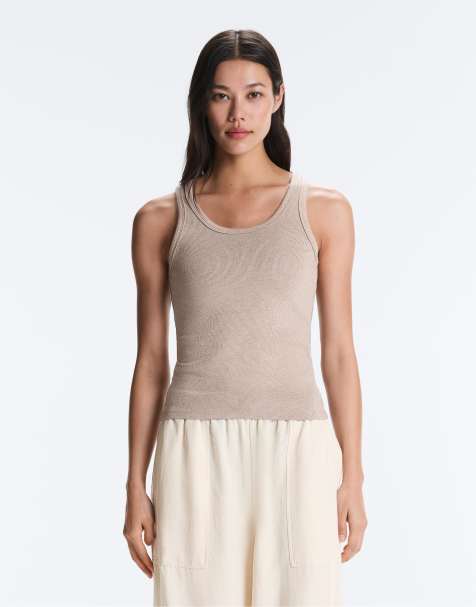 OYSHO - T-shirt aderente color visone in cotone e modal con spalline a coste - view 1