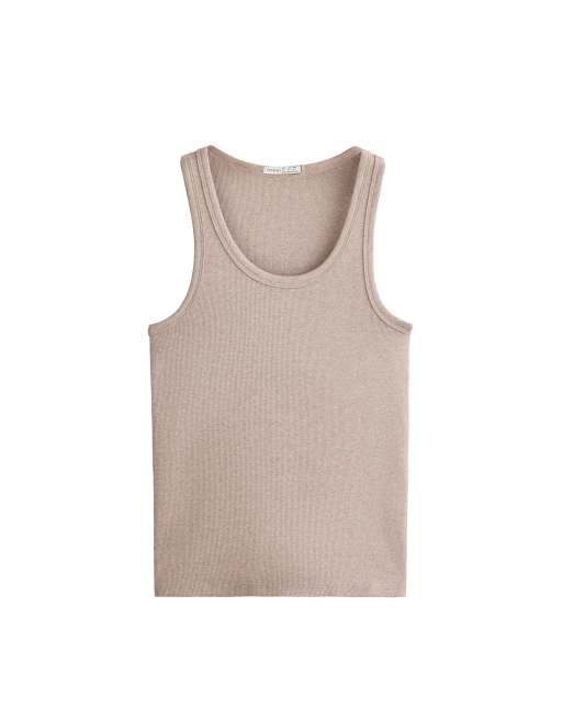OYSHO - T-shirt aderente color visone in cotone e modal con spalline a coste, 5 di 5