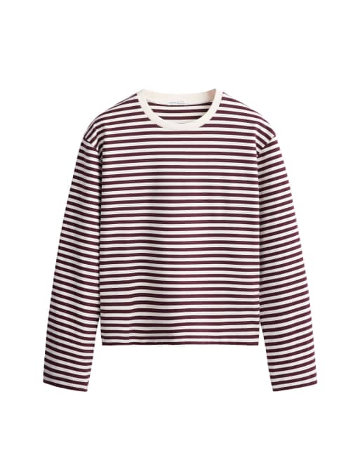 OYSHO t-shirt ample à rayures en coton mélangé à manches longues violet, 4 de 4