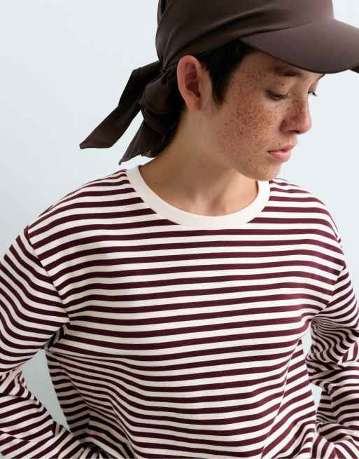 OYSHO T-shirt boxy a righe in misto cotone a maniche lunghe viola, 2 di 4