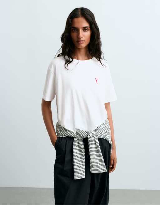 OYSHO - T-shirt brodé coupe carrée en coton mélangé à manches courtes - Blanc cassé, 2 de 6