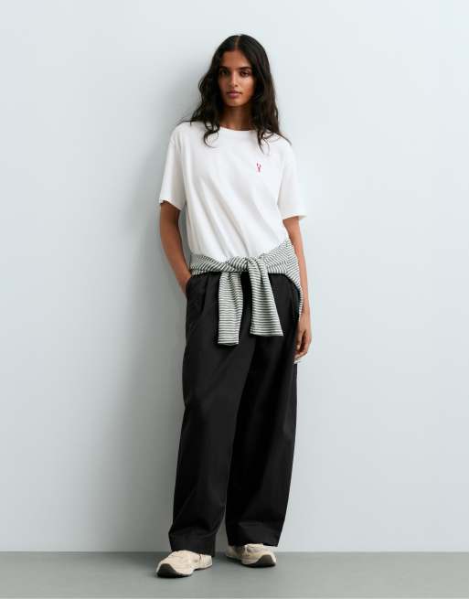 OYSHO - T-shirt brodé coupe carrée en coton mélangé à manches courtes - Blanc cassé, 3 de 6