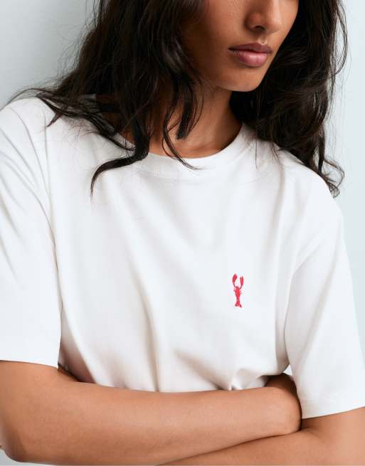 OYSHO - T-shirt brodé coupe carrée en coton mélangé à manches courtes - Blanc cassé, 4 de 6