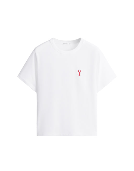 OYSHO - T-shirt brodé coupe carrée en coton mélangé à manches courtes - Blanc cassé, 5 de 6