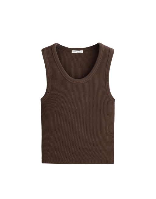 OYSHO - T-shirt côtelé à larges bretelles en coton et modal - Marron, 6 de 6