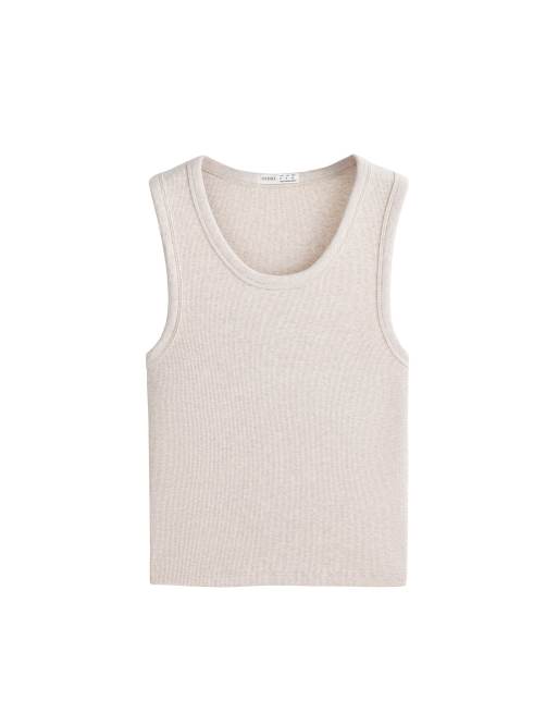 OYSHO - T-shirt côtelé à larges bretelles en coton et modal - Sable, 4 de 4