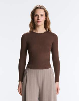 T-shirt côtelé à manches longues en coton et modal - Marron foncé-Brown S