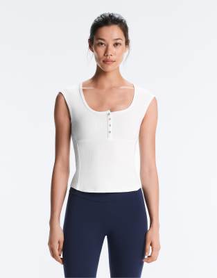T-shirt côtelé sans manches boutonné en coton et modal - Blanc cassé XL