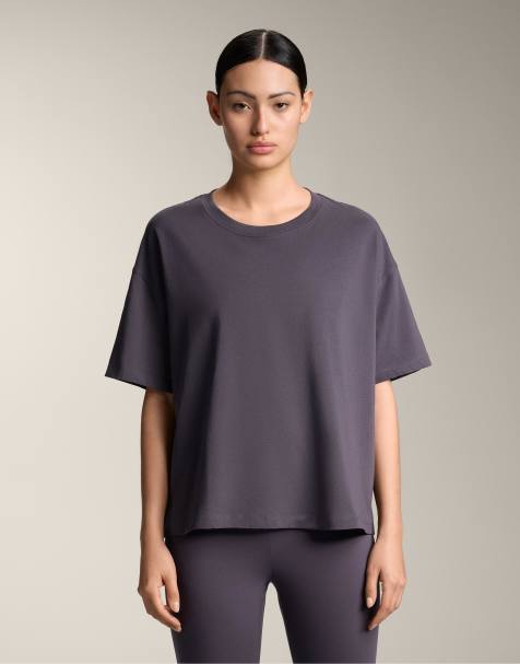 OYSHO - T-shirt coupe carrée à manches courtes en coton mélangé - Aubergine foncé - view 1