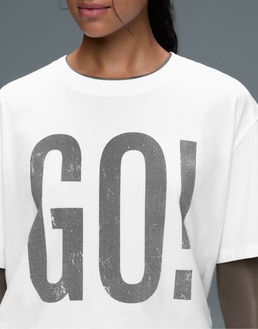 OYSHO t-shirt coupe carrée en coton imprimé écru, 3 de 5