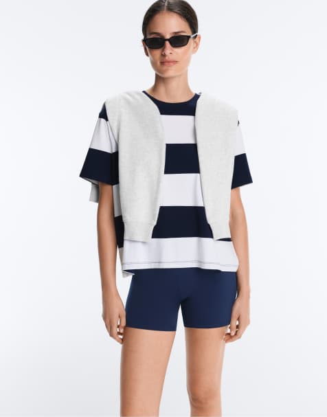 OYSHO - T-shirt coupe carrée en coton mélangé à bandes - Bleu marine - view 1