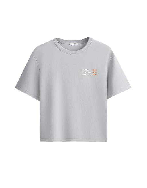 OYSHO - T-shirt coupe carrée en coton mélangé à inscription - Gris, 5 de 6