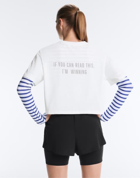 OYSHO - T-shirt crop top coupe carrée en coton mélangé à inscription « If You Can Read This » - Blanc cassé - view 1