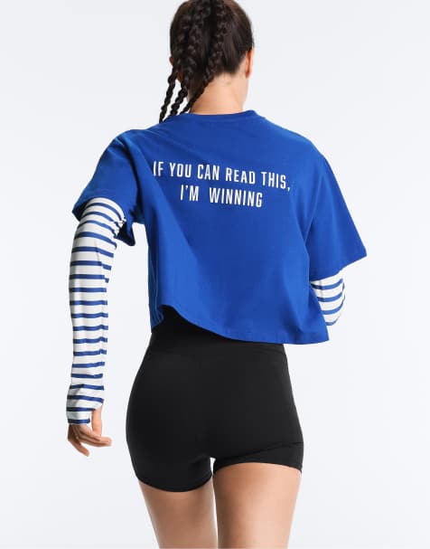 OYSHO - T-shirt crop top coupe carrée en coton mélangé à inscription « If You Can Read This » - Bleu électrique - view 1