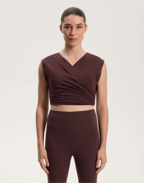 OYSHO - T-shirt crop top croisé en coton mélangé - Marron - view 1