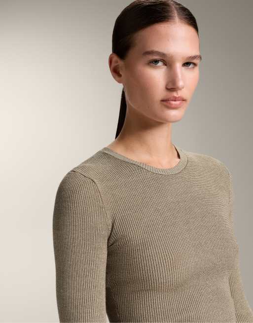 OYSHO - T-shirt de sous-vêtement en maille texturée - Kaki, 3 de 4