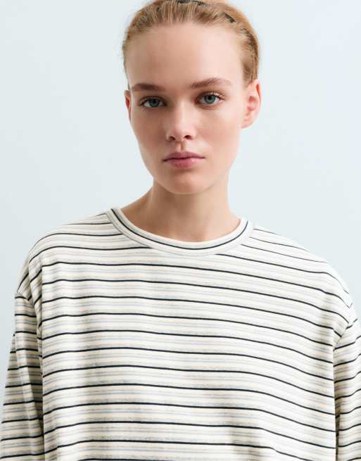 OYSHO T-shirt in misto cotone a maniche lunghe a righe grigio chiaro, 3 di 5