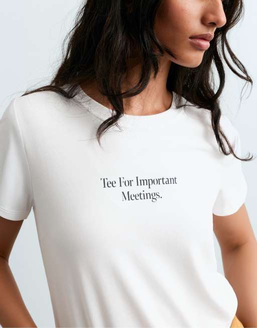 OYSHO - T-shirt manches courtes en coton mélangé à inscription - Blanc cassé, 3 de 5