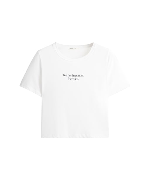 OYSHO - T-shirt manches courtes en coton mélangé à inscription - Blanc cassé, 5 de 5