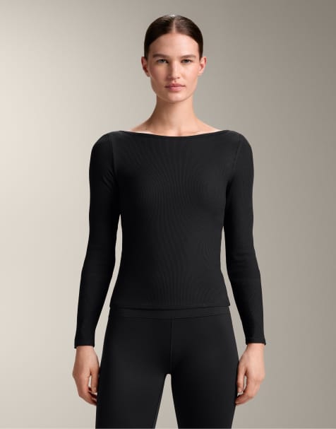 OYSHO - T-shirt nera in misto modal a coste con scollo a barchetta - view 1