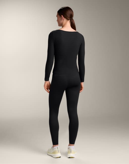 OYSHO - T-shirt nera in misto modal a coste con scollo a barchetta, 3 di 4