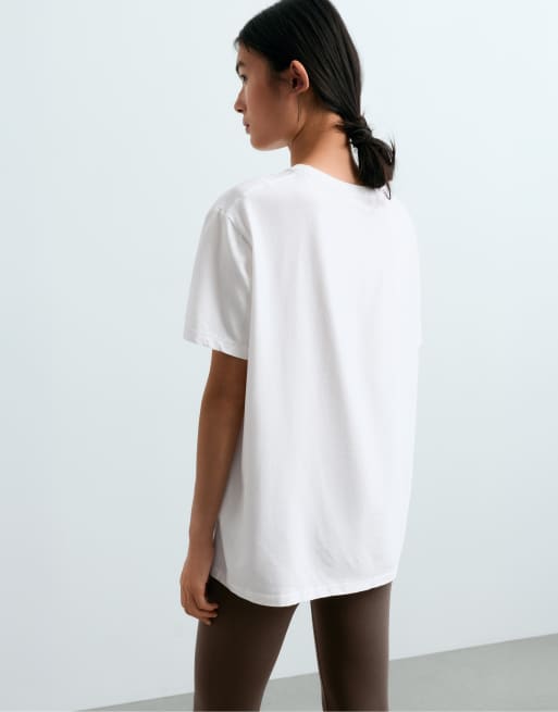 OYSHO - T-shirt oversize a maniche corte in misto cotone bianco sporco, 4 di 5