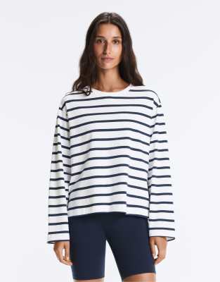 T-shirt oversize coupe carrée à manches longues en coton mélangé avec rayures - Bleu marine M