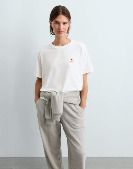 OYSHO - T-shirt oversize en coton mélangé à broderies - Blanc cassé, 2 de 5