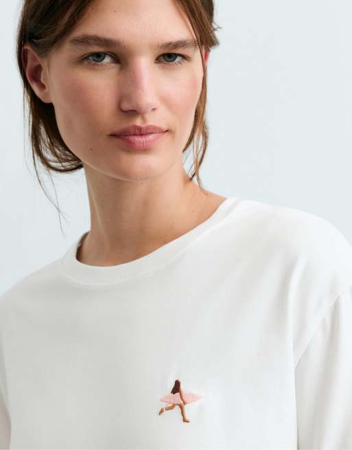 OYSHO - T-shirt oversize en coton mélangé à broderies - Blanc cassé, 4 de 5