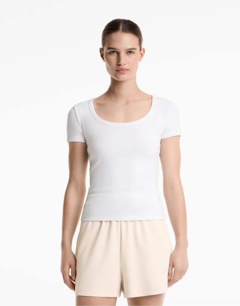 Oysho - T-shirt pesante in misto modal color bianco sporco a coste con scollo rotondo - view 1