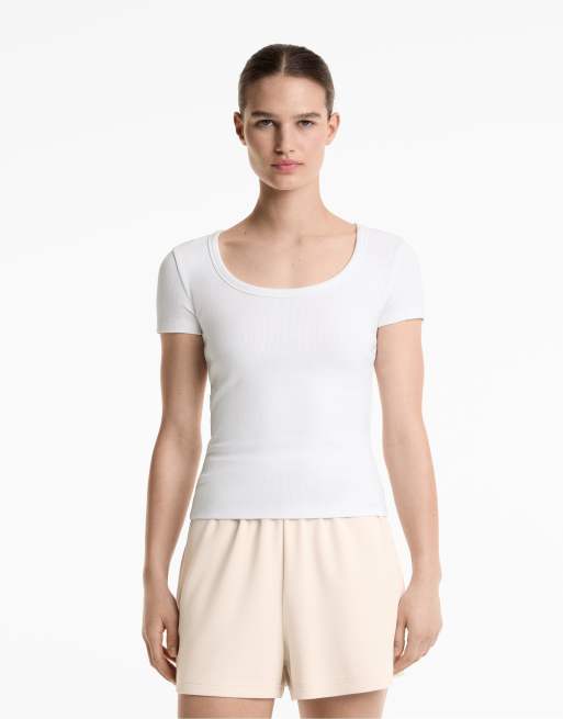 Oysho - T-shirt pesante in misto modal color bianco sporco a coste con scollo rotondo
