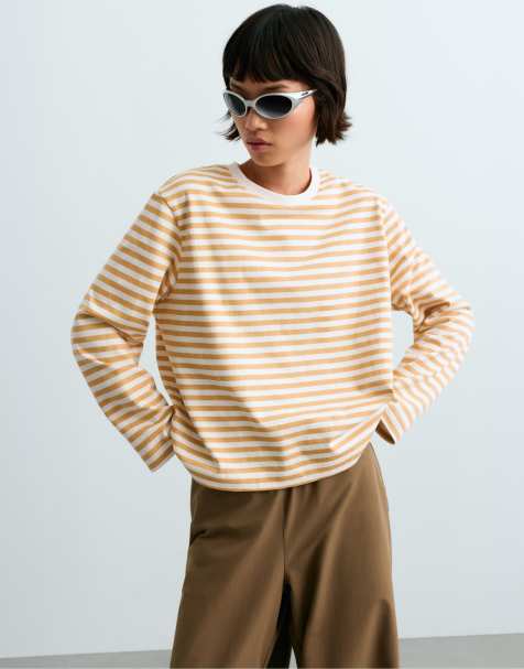 OYSHO t-shirt rayé 100 % coton coupe carrée à manches longues jaune pâle - view 1