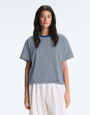 T-shirt rayé coupe carrée en coton mélangé à manches courtes - Bleu marine XS