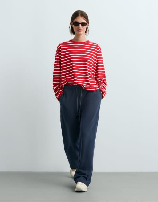 OYSHO - T-shirt rayé coupe carrée en coton mélangé à manches longues - Rouge, 2 de 5