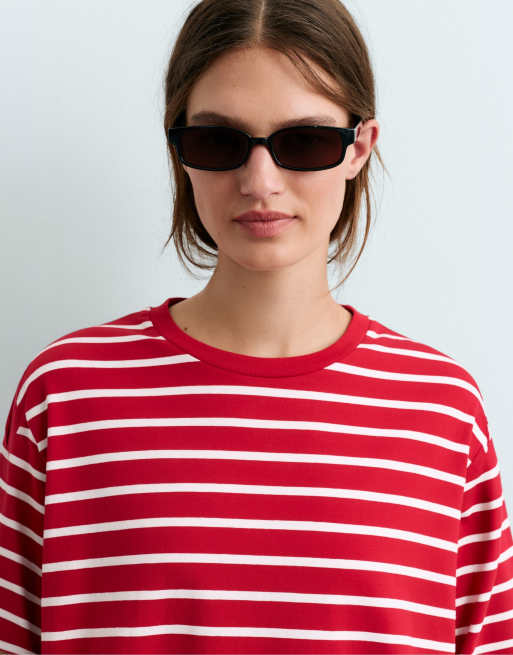 OYSHO - T-shirt rayé coupe carrée en coton mélangé à manches longues - Rouge, 3 de 5