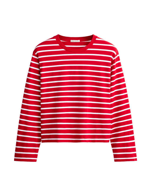 OYSHO - T-shirt rayé coupe carrée en coton mélangé à manches longues - Rouge, 5 de 5