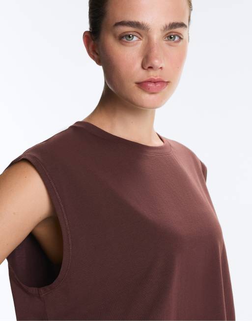 OYSHO - T-shirt senza maniche marrone in misto cotone senza cuciture, 3 di 4