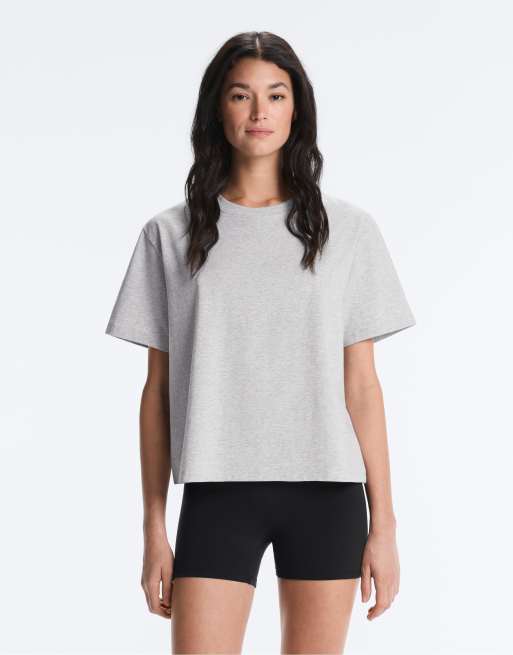 OYSHO - T-shirt squadrata a maniche corte in misto cotone grigio chiaro, 3 di 4