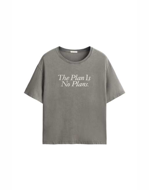 OYSHO - T-shirt squadrata a maniche corte in misto cotone grigio con scritta, 6 di 6
