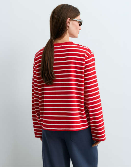 OYSHO - T-shirt squadrata a maniche lunghe in misto cotone rosso a righe, 4 di 5
